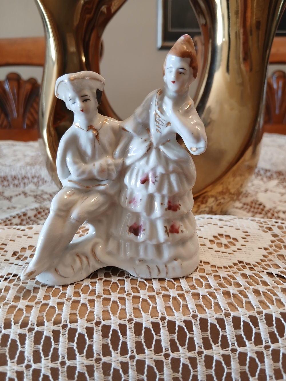 Vintage Porcelain Figurine Couple in White with Pink Accents. Collectable